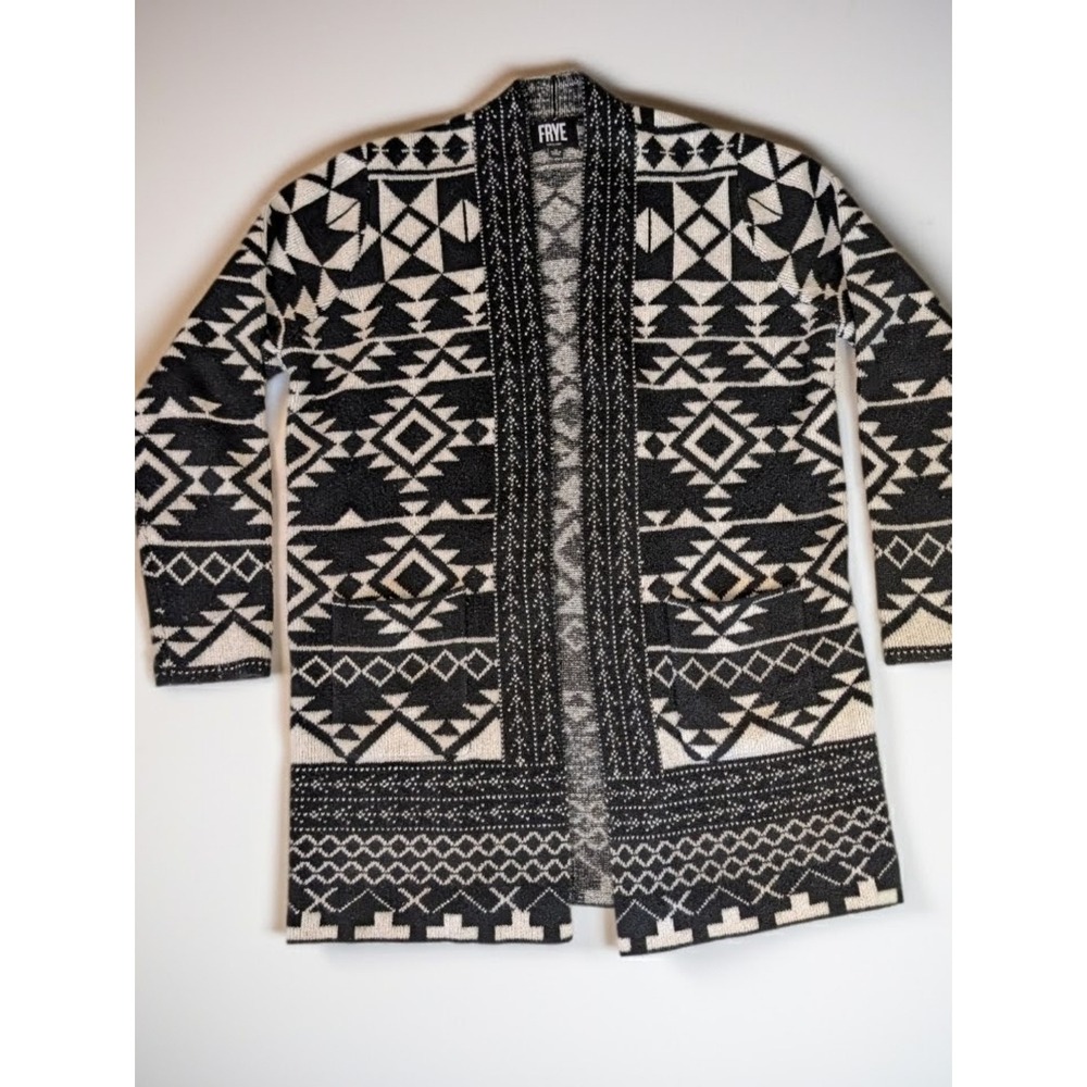 FRYE Black & Cream Geometric Open-Front Cardigan Medium